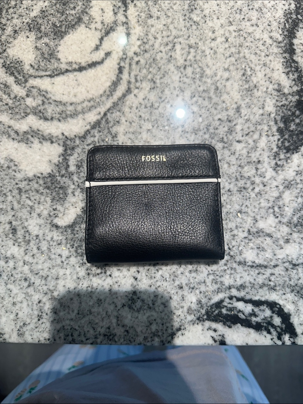 Fossil Black Pebbled Leather Card Holder with Gold Logo and Silver Trim